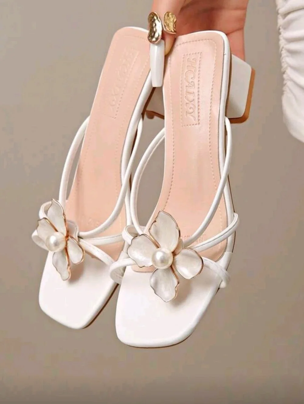 Summer New French Thick Heel Faux Pearl Flower Strap Sandals, Open Toe Vers